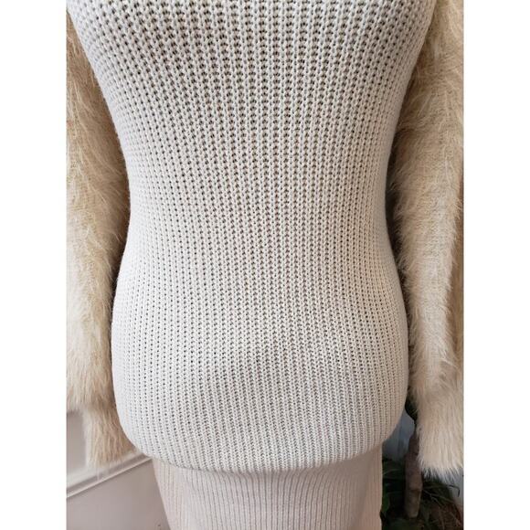 Bump Biddy Sweater Dress Maternity Beige Ribbed Puffy Fur Sleeve Turtleneck LG - Picture 9 of 14